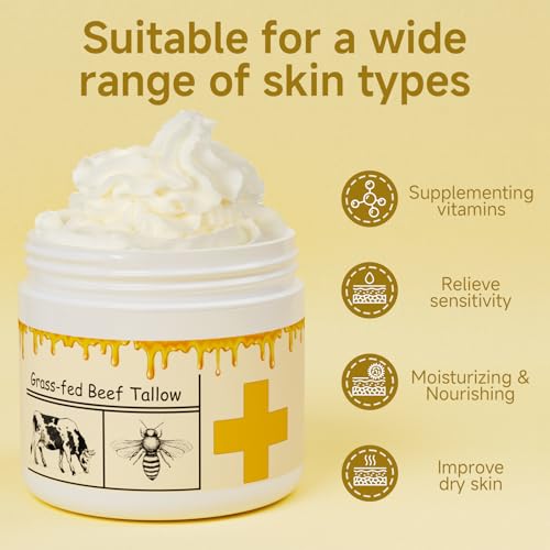 mkzea Beef Tallow for Skin, Beef Tallow, Tallow and Honey Cream, Grass Fed Beef Tallow, Whipped Beef Tallow for Face Moisturizer for All Purpose with Raw Honey Tallow Balm 150 Gram(5.3oz)