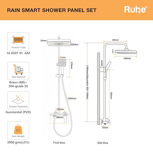Image of Ruhe Rain Smart Shower Panel Set, Triple Flow Functions, Wall-Mount Matte Finish | Adjustable Height Shower Panel | Includes Overhead Shower, Triple Flow Hand Shower with Installation Accessories
