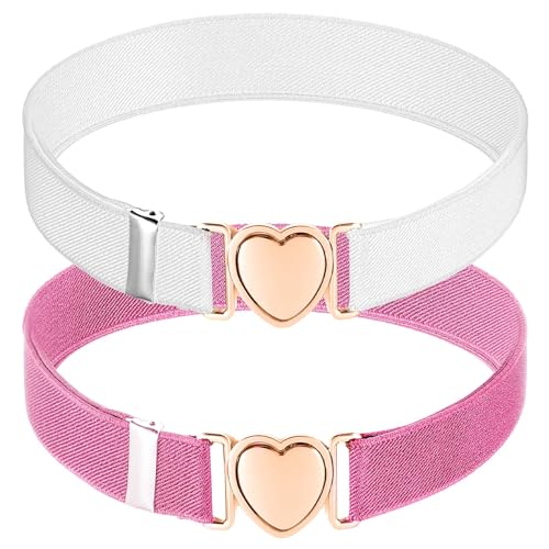 2Pcs Girls Belt, Elastic Adjustable Stretch Pink and White Waist Belts with Heart Buckle for Kids Teen Girls Women Pants Jeans Dress
