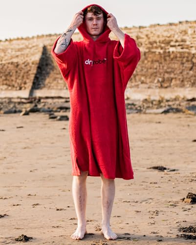 Dryrobe Towel Swim Robe - Hooded Surf Poncho Changing Robe - Organic Cotton - for Swimming, Beach, Surfing - Short Sleeve- (Medium-Red)4