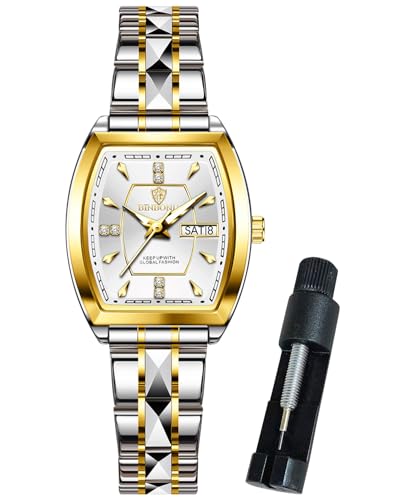 Image of BINBOND Square Watches for Women Analog Quartz Day Date Ladies Wrist Watch Diamond Stylish Stainless Steel Dress Womens Watch Elegant Luminous Waterproof