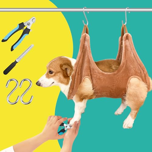 WSCXSC Dog Grooming Kit, Dog Grooming Supplies, Dog Grooming Hammock, Dog Grooming Harness, Dog Nail Clippers, Dog Nail Grinder, Hooks, Dog Hammock Kit for Nail Trimming/Hair Trimming(Coffee, M)