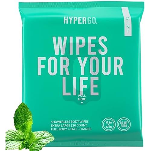 HyperGo XL Body Wipes for Women & Men – 12" x12" Rinse-Free Full Body Cleansing Wipes 20 Count Pack - Mint | Biodegradable, Hypoallergenic, Aloe-Infused | Gym, Festival, Camping Essentials