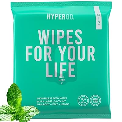 HyperGo XL Body Wipes for Women & Men 12 x12 Rinse-Free Full Body Cleansing Wipes 20 Count Pack - Mint | Biodegradable, Hypoallergenic, Aloe-Infused | Gym, Festival, Camping Essentials