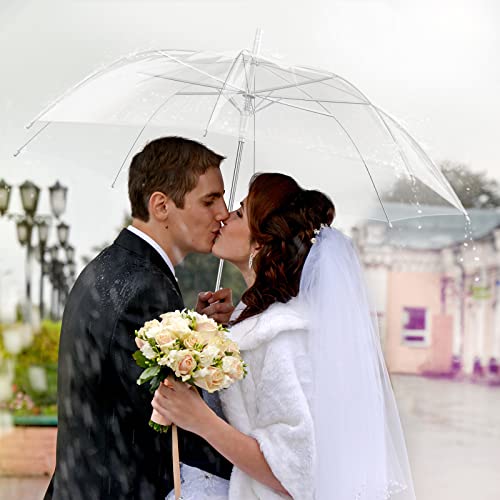 Fabbay 24 Packs Clear Umbrella Wedding Style Stick Umbrellas Large Canopy Windproof Transparent Stick Umbrellas Wedding Rain Transparent Umbrellas Bulk Auto Open J Hook Handle Outdoor (White Handle) #TOP4