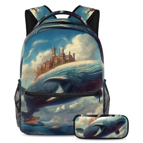 Sac à dos avec trousse baleine marine Large pour étudiants