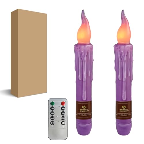 Image of Purple Flameless Short Taper Candles, Real Wax Hand Dipped LED Battery Operated with Remote, Flickering Flame Lights for Festival Party Home Decor, 6.7 Inch Primitive Flameless Candles, 2PCS