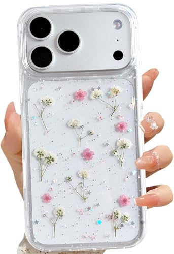 LSEEKA for iPhone 17 Pro Max Clear Case with Pressed Real Flowers Design,Glitter Cute Pink Floral Pattern Slim Soft TPU Protective Women Girl's Phone Cover for iPhone 17 Pro Max