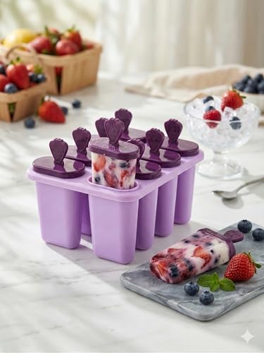 Image of BPA Free Ice Lolly and Kulfi Maker Set of 8 Reusable Popsicle Moulds Food Grade Plastic Ice Cream Popsicle Maker for Home Kitchen Multicolor (Purple)