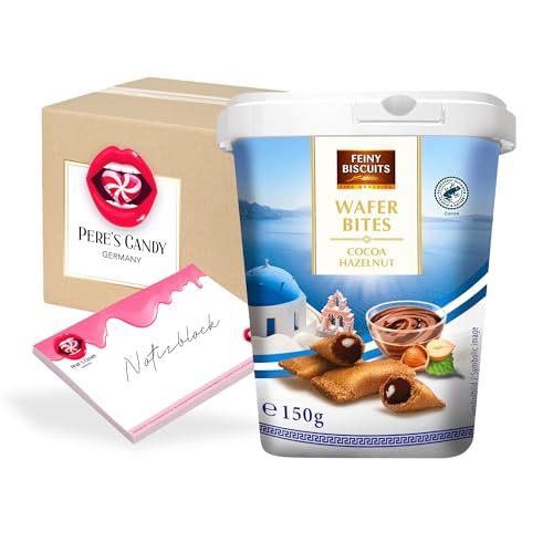Pere's Candy Bundle für 3 x Wafer Bites Mini- Waffelröllchen Kakao- Und Haselnussfüllung 150g + Pere's Candy Notepad DIN A7-25 Blatt