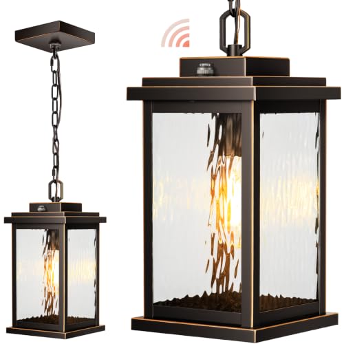 Image of Gleamz Large Outdoor Pendant Lights for Porch, Anti-Rust Hanging Light | Oil Rubbed Bronze (Gold Trim), Dusk to Dawn Exterior Hanging Lighting Fixtures for House, Easy Installation, 1-Pack, No-Solar