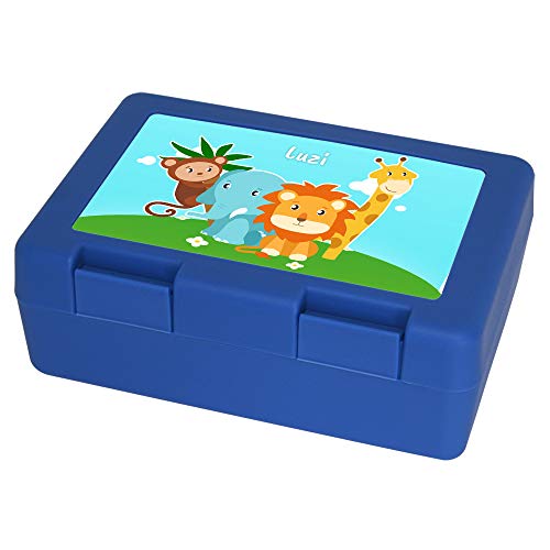 Brotdose mit Namen Luzi und Tier-Motiv mit AFFE, Elefant, Löwe und Giraffe für Mädchen | Brotbox blau | Vesperdose | Vesperbox | Brotzeitdose mit Vornamen