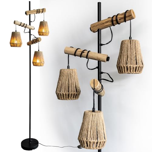 Osasy Holz Stehlampe Vintage mit 3 Rattan-Lampenschirmen, Industriedesign, Standleuchte für Wohnzimmer(ohne Glühbirne) (braun)