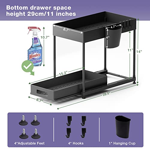 NYYTGE Under Sink Organizer Bathroom Cabinet Storage 2 Tier Rack with 4 Hooks, Baskets, Multi-purpose Shelf for Kitchen, Black Bottom Slide, (1cl-1pc)