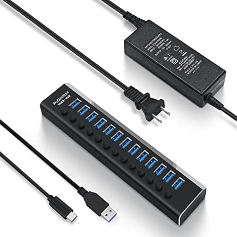 Powered USB Hub Rosonway Aluminum 13 Port USB 3.1/3.2 Gen 2 Hub 10Gbps with 72W (12V/6A) Power Adapter and Individual Switches, Type A and Type C Cables, USB C Hub Expander for PC and Laptop, RSH-A13 Cover