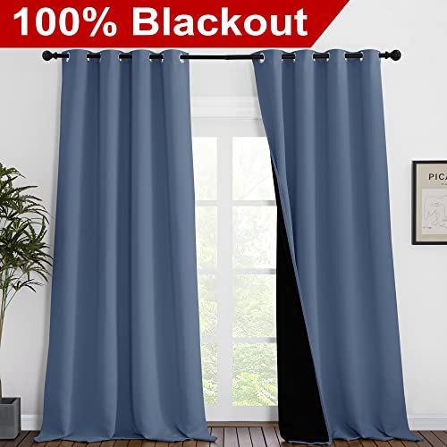 Image of NICETOWN Cold Reducing Curtains, 100% Sun Blocking Curtains, Sound Proof Drapes with Black Backing, Full Light Blocking Panels for Patio Sliding Door (Stone Blue, 1 Pair, 55 inches x 102 inches)