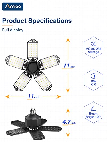 Amico 4 Pack Led Garage Light, 120W Led Shop Light With 5 Ultra Bright Adjustable Panels, 12000Lm 6500K Deformable Ceiling Lights For Garage, Attic, Basement #TOP6