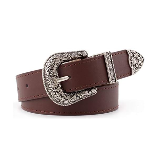INOGIH Western-Leather-Belts-Women Vintage Waist-Belts with Hollow Out Flower Buckle, Coffee, One_Size