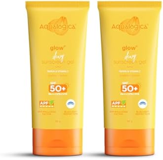 Aqualogica Glow+ Dewy Sunscreen SPF 50 PA++++ with Papaya & Vitamin C | For Oily, Combination & Dry Skin Type | UVA/B & Blue Light Protection | Fragrance-Free | For Men & Women | 80g x 2