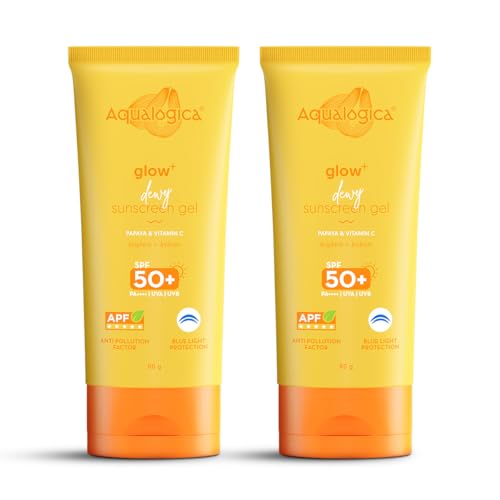 Aqualogica Glow+ Dewy Sunscreen SPF 50 PA++++ with Papaya & Vitamin C | For Oily, Combination & Dry Skin Type | UVA/B & Blue Light Protection | Fragrance-Free | For Men & Women | 80g x 2