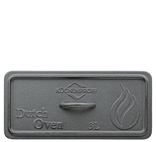 Küchenprofi Dutch Oven BBQ, Gusseisen, Gebrauchsfertig vorbehandelt, Gusstopf in Kastenform, Mit Deckel und Deckelheber, Ofen- und induktionsgeeignet, Feuertopf zum Backen, Braten und Schmoren, 3 L