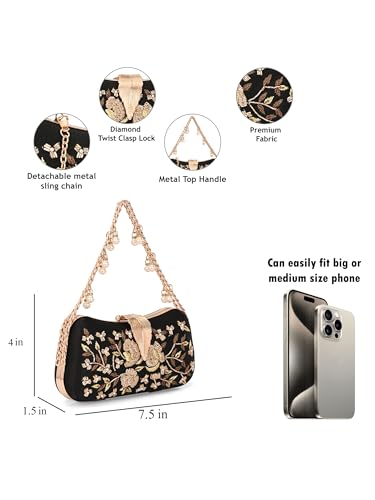 Image of TOOBA Handicraft Women's Beautiful Bling Box Clutch Bag | Evening Bag, Bridal Purse & Party Handbag | Wedding & Special Occasion Clutch (Flower Leaf)