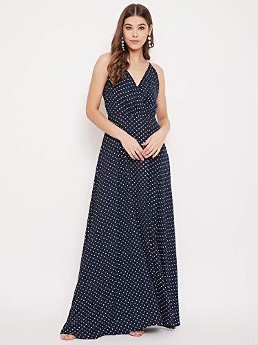 Image of Berrylush Navy Blue Polka Dot Print V Neck Maxi Dress Navy Blue Small