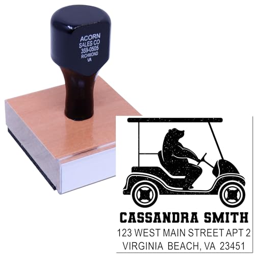 Image of Bear Golf Cart Wood Handle Rubber Stamp - Envelope Address Stamp | Country Club Stamp. Pet Family Hand Stamp With Wood Handle. Any standard pad works. Your name and address. Nothing preset.
