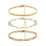 CONRAN KREMIX Gold Layered Figaro Chain 18K Gold Plated Herringbone Non-Tarnish Dainty Paperclip Stackable Stainless Steel Flat Snake Link Bracelet for Women Girls Jewelry Set