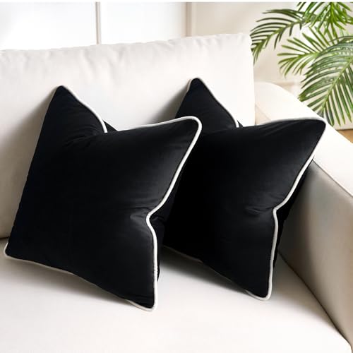 Housse de coussin en velours noir 45x45 cm avec bords blancs | Lot de 2