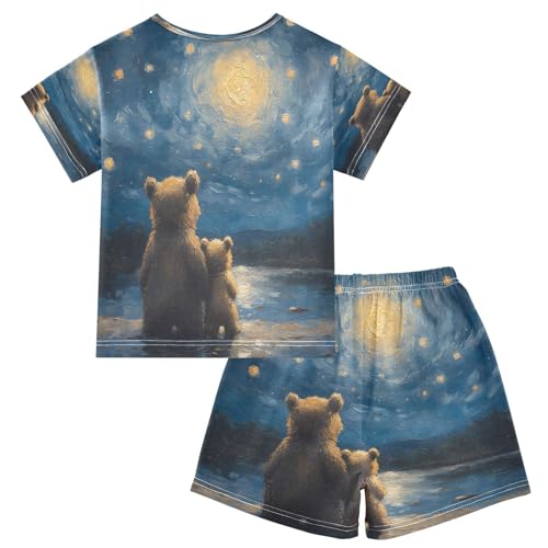 ALAZA Van Gogh Funny Bear Sky Galaxy Pajamas Set Short Sleeve Cotton Sleepwear Summer Pjs 2 Piece 5-14Y2