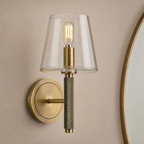 Image of 12 inch Knurled Brass Wall Sconce with Clear Seeded Glass Shade,Vintage Wall Light Fixture, Gold Bathroom Vanity Light, Hardwired Dimmable Wall Lamp for Bedroom Living Room Hallway Entryway
