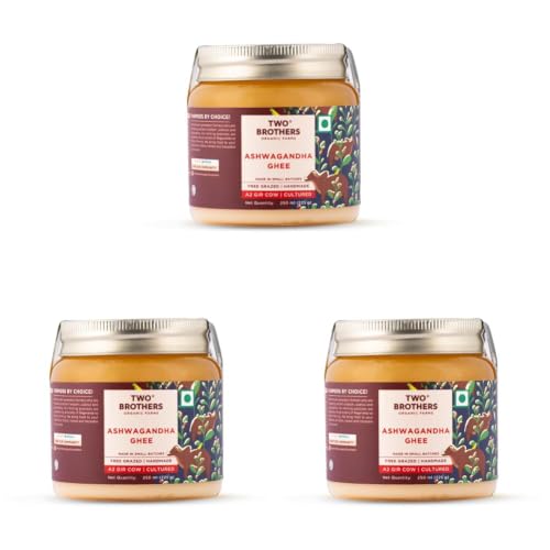 Image of TWO BROTHERS ORGANIC FARMS - Ashwagandha Ghee (250Ml) | A2 Gir Cow Desi Ghee | Cultured and Handmade A2 Ghee | Curd Curned Bilona Method (Pack of 3)