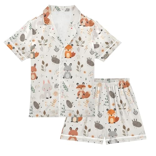 ALAZA Fox Rabbit Squirrel Leaves Pajamas Satin Pajama Set Short Sleeve Button Down Sleepwear