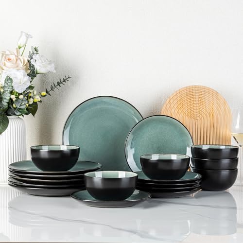 GBhome Steingut Geschirrset 6 Personen, 18-tlg Reaktive Glasur Handarbeit Steingut Geschirr Set, Mikrowellen- & Spülmaschinenfest Schüssel- und Teller Set,Petrol