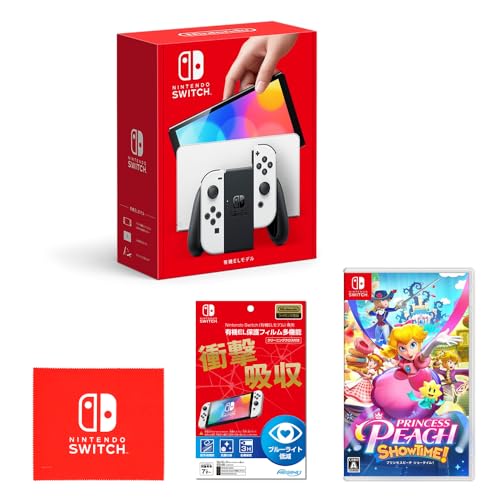 Nintendo Switch(有機ELモデル) Joy-Con(L)/(R) ホワイト+【任天堂ライセンス商品】Nintendo Switch (有機ELモデル)専用有機EL保護フィルム 多機能+プリンセスピーチ Showtime! -Switch (【Amazon.co.jp限定】Nintendo Switch ロゴデザイン マイクロファイバークロス 同梱)