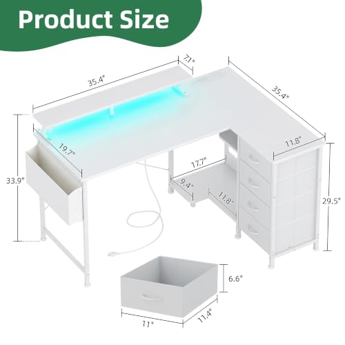 Image of VERMESS 47 inch Reversible L Shaped Gaming Computer Desk, Corner Desk with Power Outlets & Monitor Stand, Writing Study Table with 4 Storage Drawers, Desk with LED Lights, White