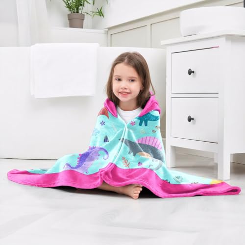 Image of Dinosaur Girls Beach Towel with Hoodie for Kids Toddlers Age 4-8, Pink Bath Towels Shower Wrap for Girls, Hooded Poncho Beach Blanket for Pool Swimming Cute Wearable Bath Towel for Child
