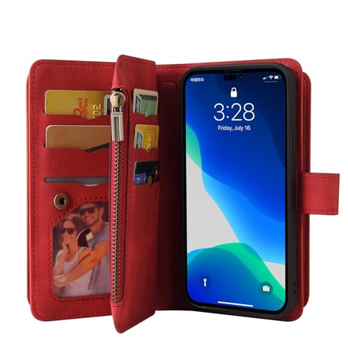 Étui à rabat pour iPhone 16 Plus en cuir rose avec fermeture éclair et sangle - 4
