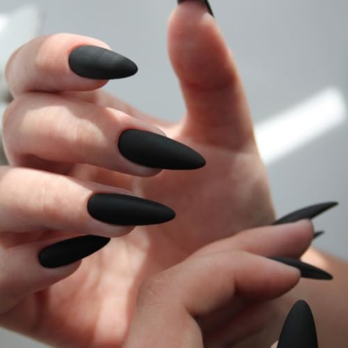 Modelones 32Pcs Halloween Matte Black Press on Nails Almond, Long Fake Nails, Reusable Nail Kit with Nail Glue Adhesive Tabs Nail File, Nails Press Ons 16 Sizes Top Coat