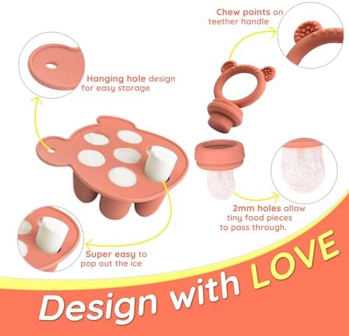 LittlesJoy infant baby fruit feeder & food feeder pacifier , BPA FREE toddler teeting relief teether, baby breast milk popsicel mold for purees, baby silicone food freezer cube tray , 2pcs additional pouches (muted) — view 5
