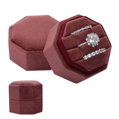 Gvhntk Velvet 3 Slots Jewelry Ring Box Vintage Octagon Ring Display Holder Gift Premium Gorgeous Case with Detachable Lid for Wedding Engagement Proposal Keepsake Ceremony (Dusty Rose)