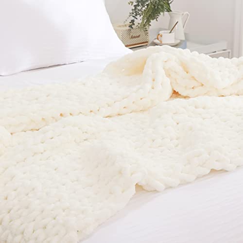 Yaapsu Chunky Knit Blanket Throw 51"X63", Soft Jumbo Chenille Throw Blanket, 100% Hand Knitted Throw Blankets For Couch Bed, Big Thick Yarn Cable Knit Blanket, Large Rope Knot Crochet Blanket (Ivory) #TOP1