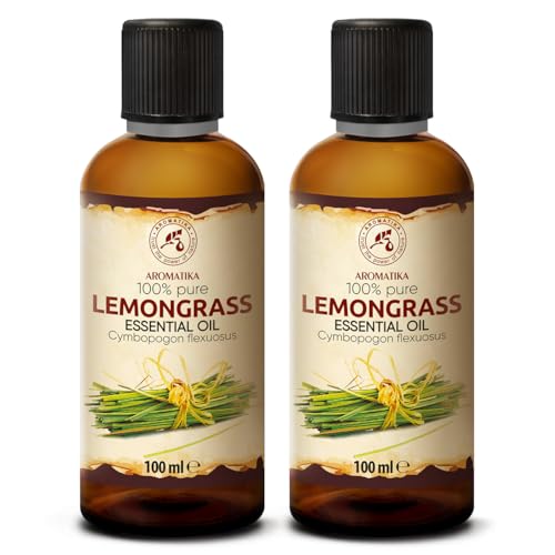 Olio Essenziale di Lemongrass 2x100 ml - Cymbopogon Flexuosus - Naturale e Puro - Olio essenziali per Diffusori - Profumi per la Casa - per Saponi e Candele - Sauna - Aroma Fresco - Aromaterapia