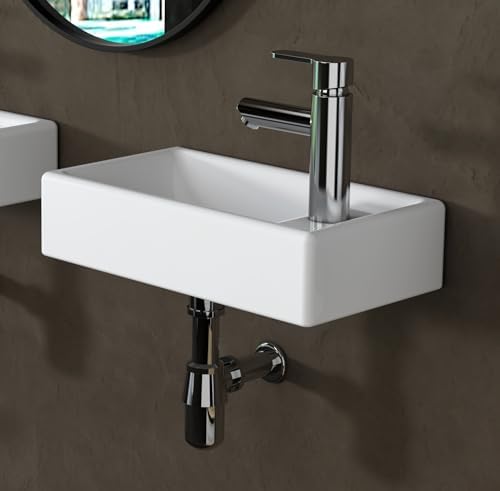 MEJE 16-Inch Wall Hung Basin Sink Combo, Small Cloakroom Basin, Rectangle Ceramic Bathroom Wash Basin - Right Hand Sink Set (Include Faucet & Pop-up Drain) - 1
