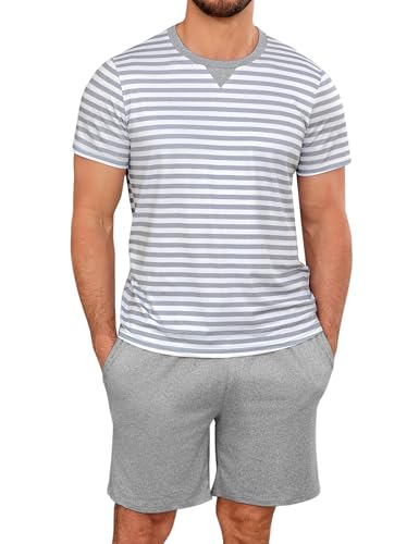 Leversic Verano Conjunto de Pijama Hombre Ropa de Dormir de Algodón Camisetas de Pijama a Rayas de Manga Corta y Pantalones Cortos para Dormir con Bolsillos(Gris Claro,M)