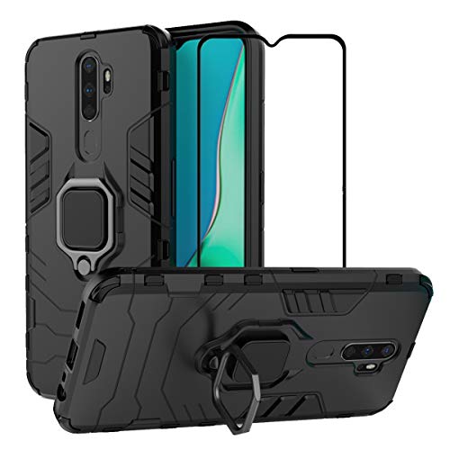 EasyLifeGo for Oppo A9 2020 / Oppo A5 2020 Kickstand Case with Tempered Glass Screen Protector [2 Pieces], Hybrid Heavy Duty Armor Dual Layer Anti-Scratch Case Cover, Black