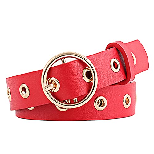 Womens PU Leather Belt for Jeans Dress Punk Vintage Studded Grommet Belt with Circle Metal Buckle