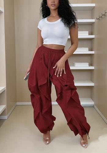 Image of Lucuna Women Balloon Pants Ruffle Fringe Drawstring High Waist Wide Leg Baggy Joggers Parachute Pants