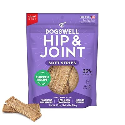 DOGSWELL Hip & Joint Dog Treats 100% Meaty, Grain Free, Glucosamine Chondroitin & Omega 3, Chicken Soft Strips 12 oz